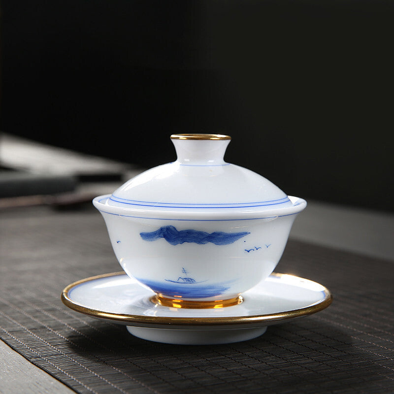 Fat Mutton Porcelain Tea Set Glass Pitcher Ceramic Gaiwan Matching Tea Cup China