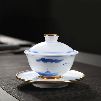 Fat Mutton Porcelain Tea Set Glass Pitcher Ceramic Gaiwan Matching Tea Cup China