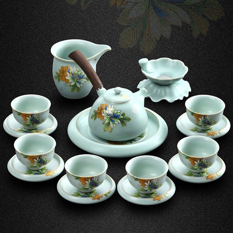 Health Care Pure Silver Inside Tea Cup Porcelain Ruyao Floral Tea Saucer Tea Set