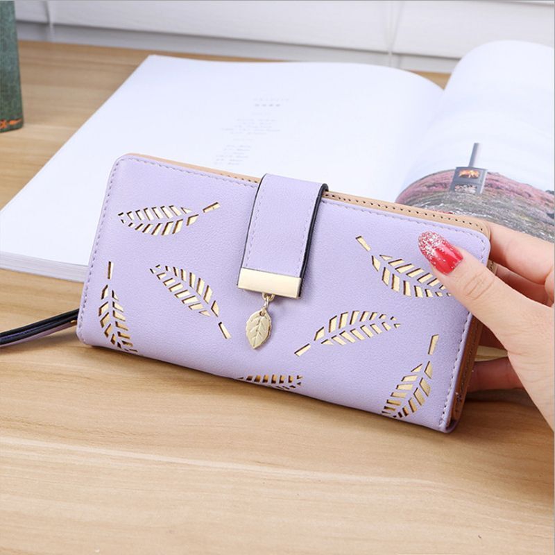 Wallets Hollow Leaf Synthetic Leather Purse Zipper Buckle Wallet Long Cash Bags