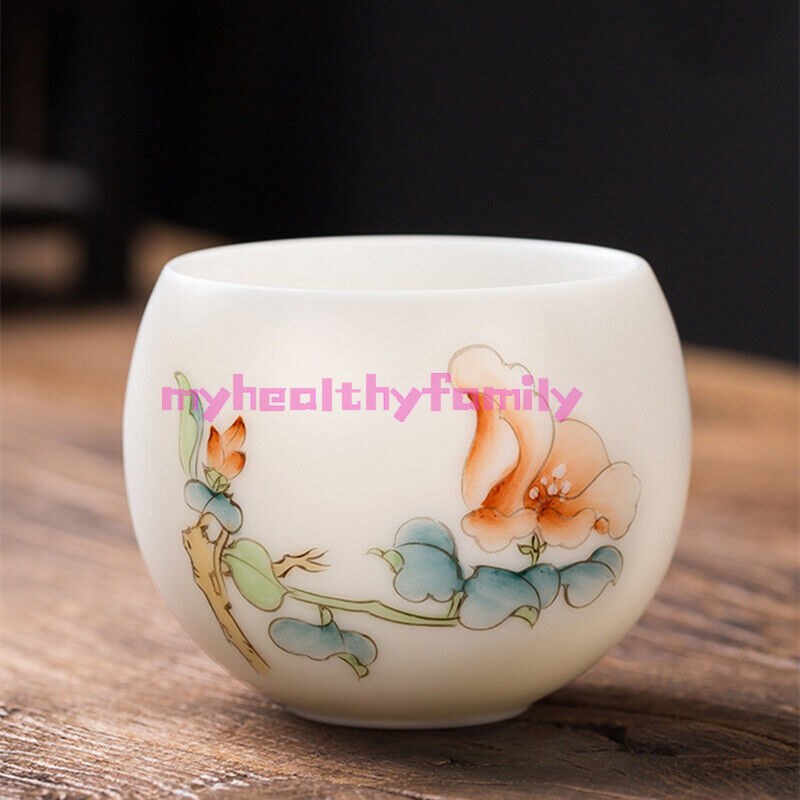 Mutton Fat Jade Porcelain Cup 150ml Handpainted Master Tea Cup Under Glaze Lotus