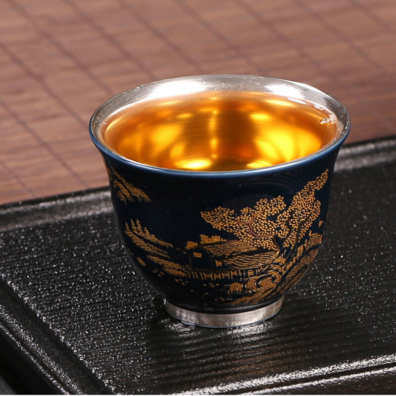 999 Sterling Silver Cup Mountain Relief Handmade Porcelain Tea Cup 50ml Glaze