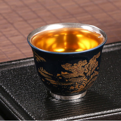 999 Sterling Silver Cup Mountain Relief Handmade Porcelain Tea Cup 50ml Glaze
