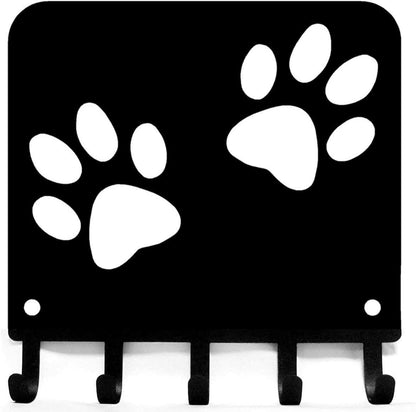 Paw Print Key Rack Hanger & Dog Leash Organizer - 6 inch Wide Metal Wall Art