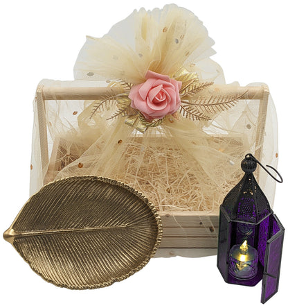 Leaves of Purple Light Gift Basket, Metal Leaf Jewelry Tray & Lantern LED Light
