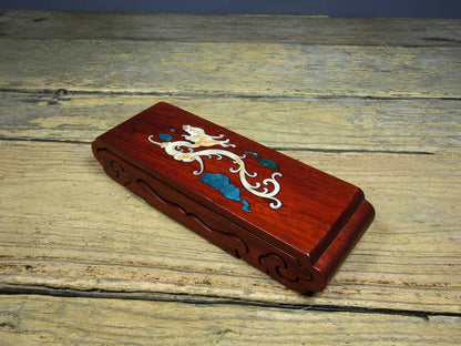 Vintage Rosewood Inlaid Abalone Dragon 3-Tier Ink Rest Display Stand 21cm