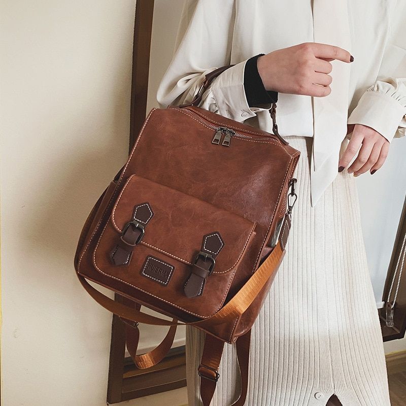 Women Backpack Vintage Synthetic Leather Travel Bag Retro Student Bag 26*15*32CM