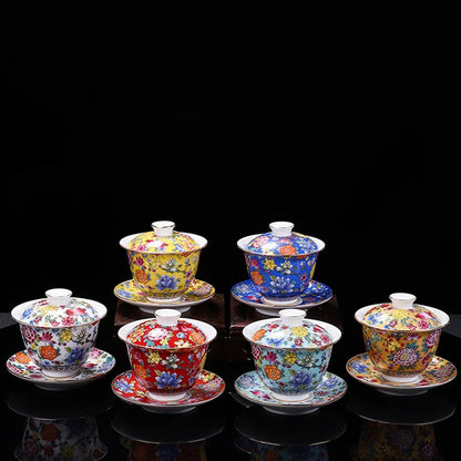 200ML Chinese Porcelain Gaiwan Color Enamel Cover Bowl Handmade Tea Teaware