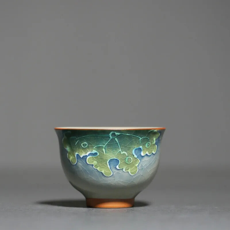 1Pc Chinese Tradition Handmade Ice-cracking Glaze Lotus Pattern Tea Bowl Teacup