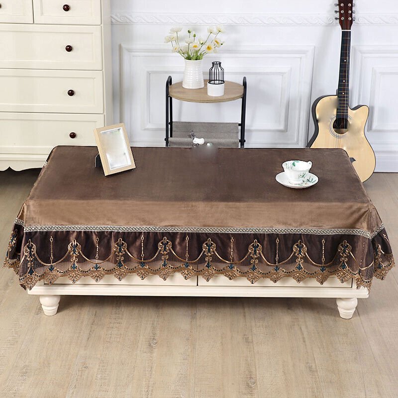 Rectangle Table Cover Cloth Velvet Embroidered Lace Trim Tablecloth Decor Luxury