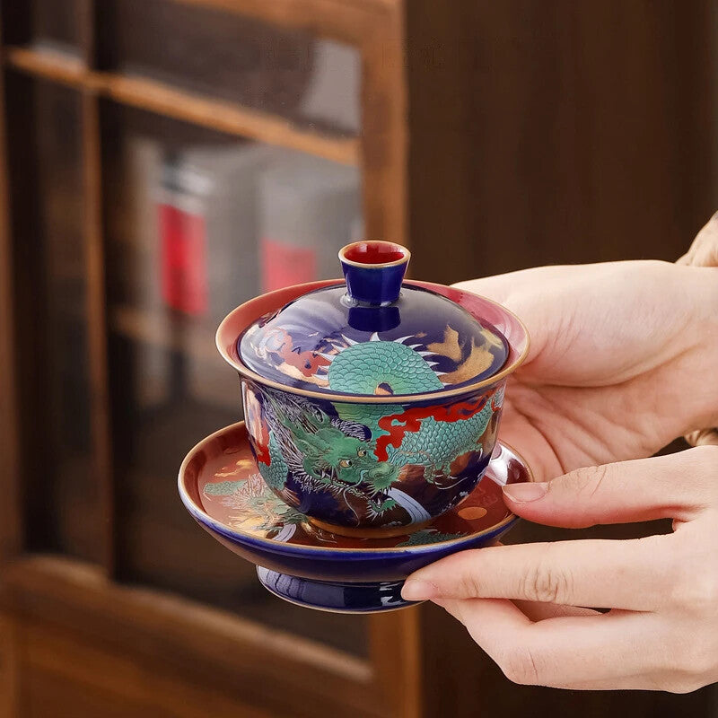 Ceramic Sancai Gaiwan Single Tea Bowl Blue Glaze Large Size with Lid Household