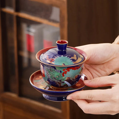 Ceramic Sancai Gaiwan Single Tea Bowl Blue Glaze Large Size with Lid Household