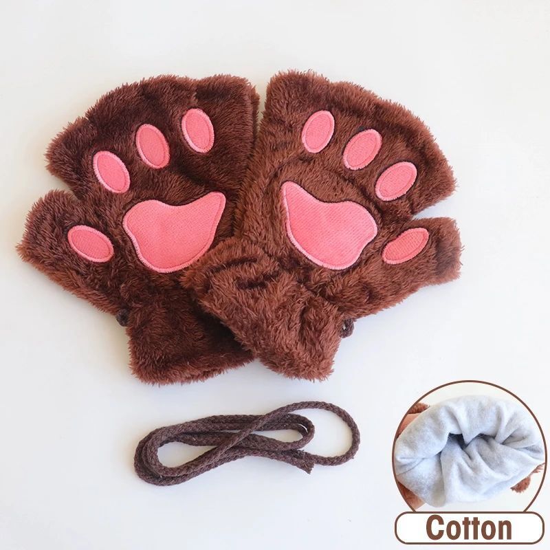 Women Fingerless Gloves Plush Fluffy Cat Paw Claw Panda Mittens Warm Winter Wear