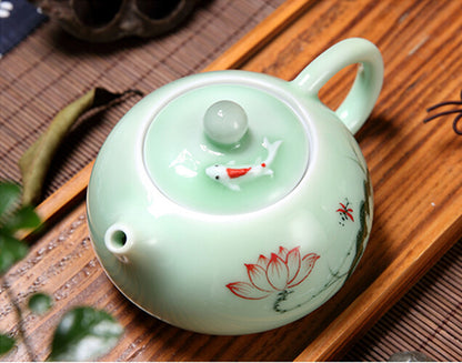 One Tea Pot + Six Tea Cups Longquan Celadon Porcelain Tea Set Fish Relief Floral