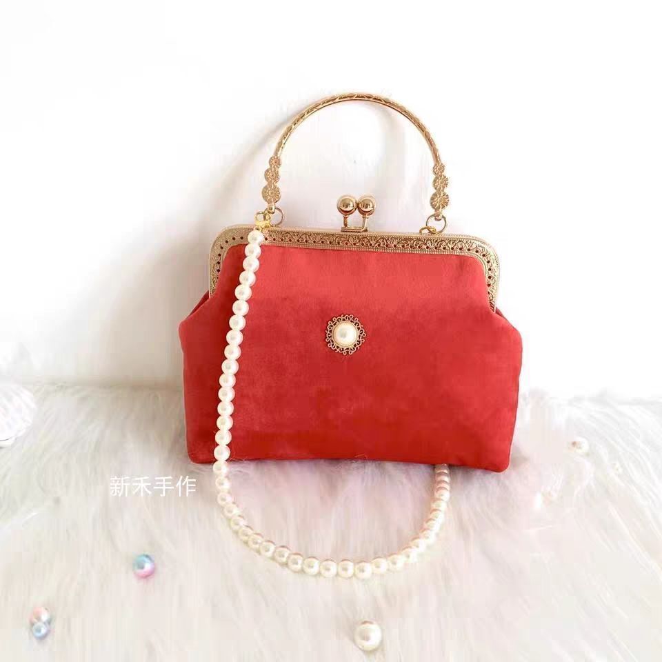 Beads Chain Bag 2 Straps Vintage Metal Shell Purse Velvet Shoulder Bag 20*14*6CM