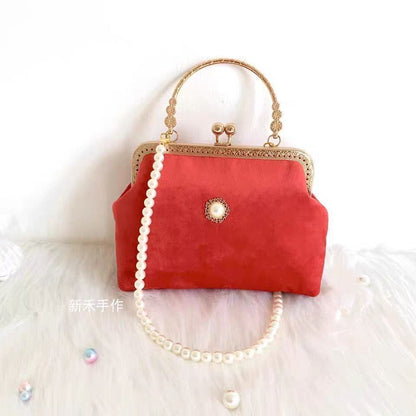 Beads Chain Bag 2 Straps Vintage Metal Shell Purse Velvet Shoulder Bag 20*14*6CM