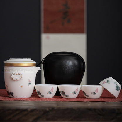Mutton Fat Jade Porcelain Travel Tea Set With Portable Bag China Tea Pot Cup New