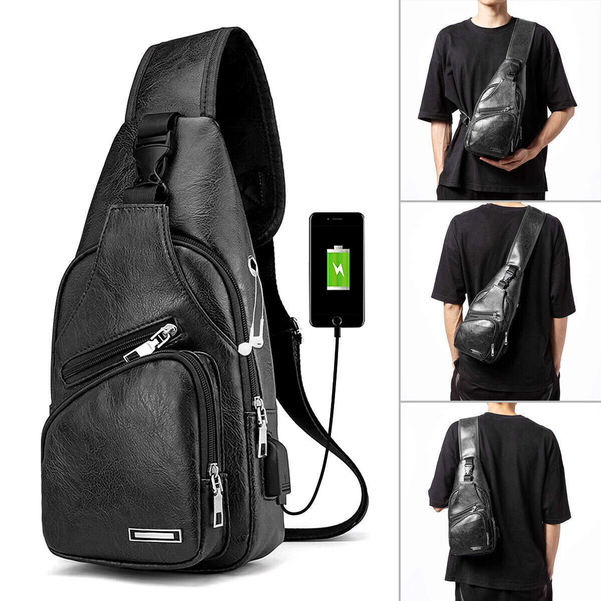 Men Leather Sling Bag Chest Shoulder Crossbody Backpack USB Charging Port Travel