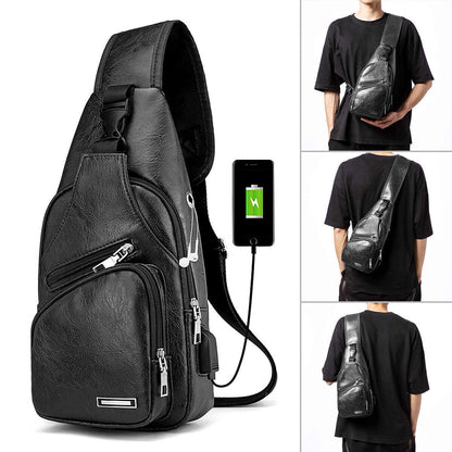 Men Leather Sling Bag Chest Shoulder Crossbody Backpack USB Charging Port Travel