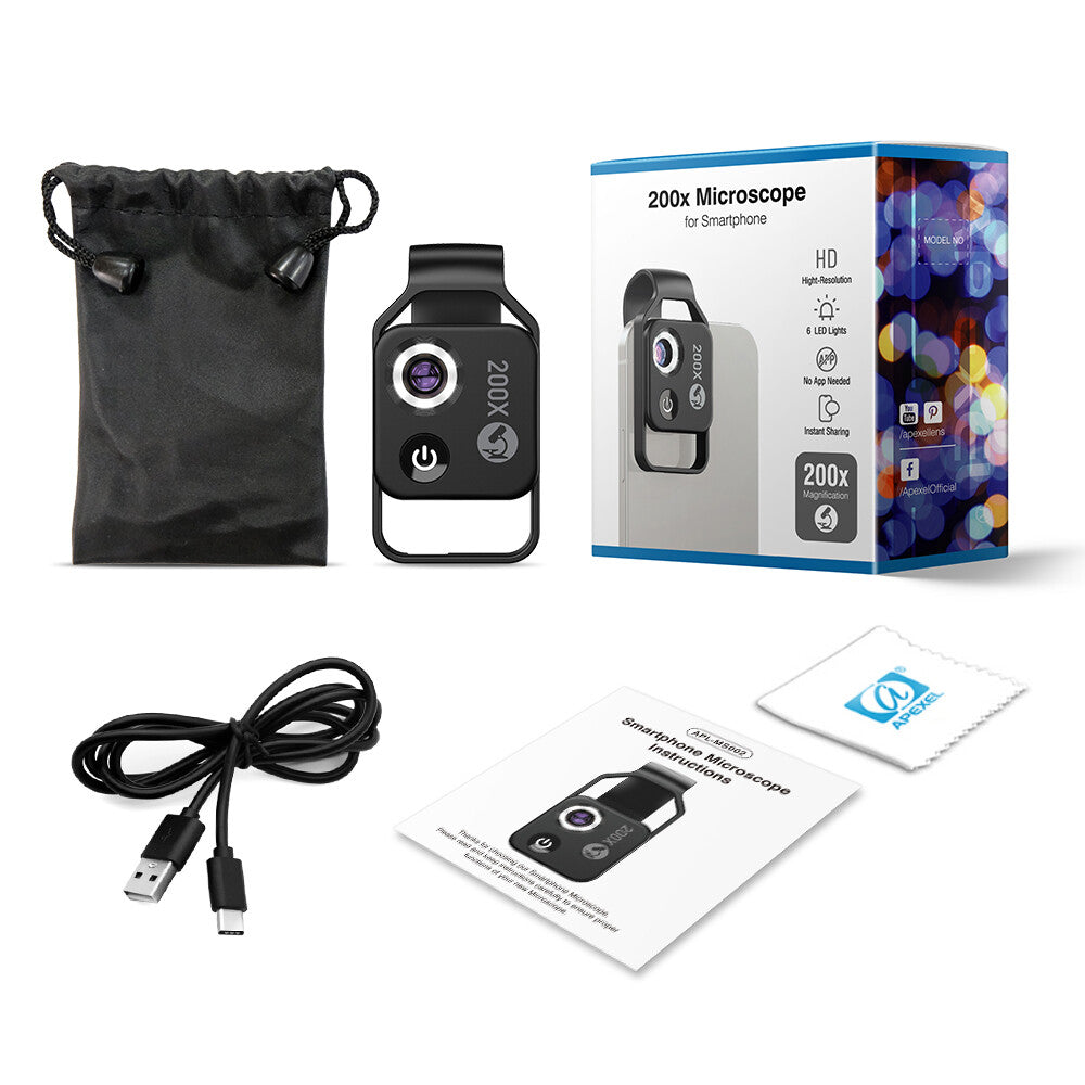 APEXEL 200X with CPL Phone Microscope with LED Light/Clip for IPhone and Android