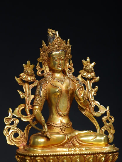 10"Tibet Buddhism Temple Bronze Gilt Tara Kwan-Yin GuanYin Goddess Buddha Statue