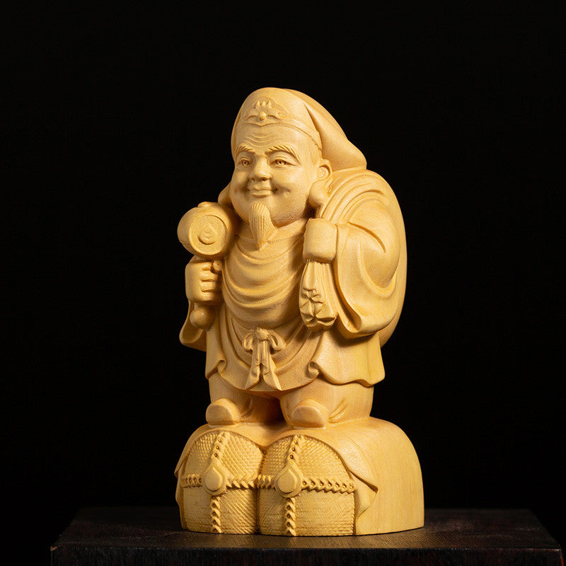 10CM Tall Daikokuten Boxwood Sculpture God of Wealth Wood Carving Statue