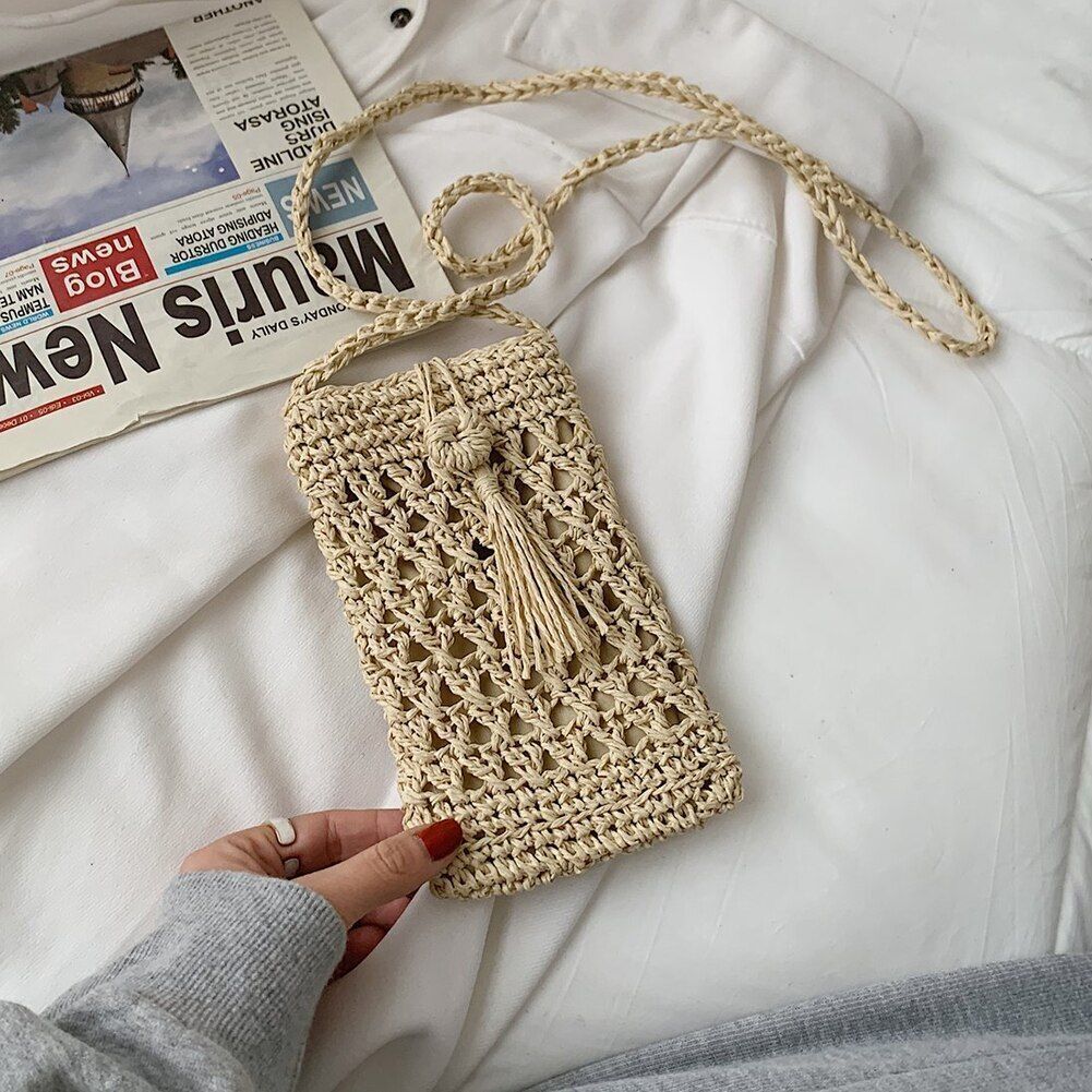 Handmade Rattan Woven Handbag Straw Knitted Messenger Bag Beach Purse 20*12 CM