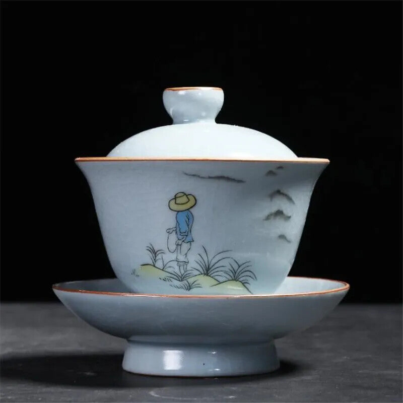 Kiln Tea Bowl Lid Saucer Set Ceramic Gaiwan Porcelain Tea Tureen Drinkware