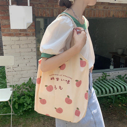 Peach Print Canvas Bag Tote Bag Large Capacity Shoulder Bag School Shopping Bag