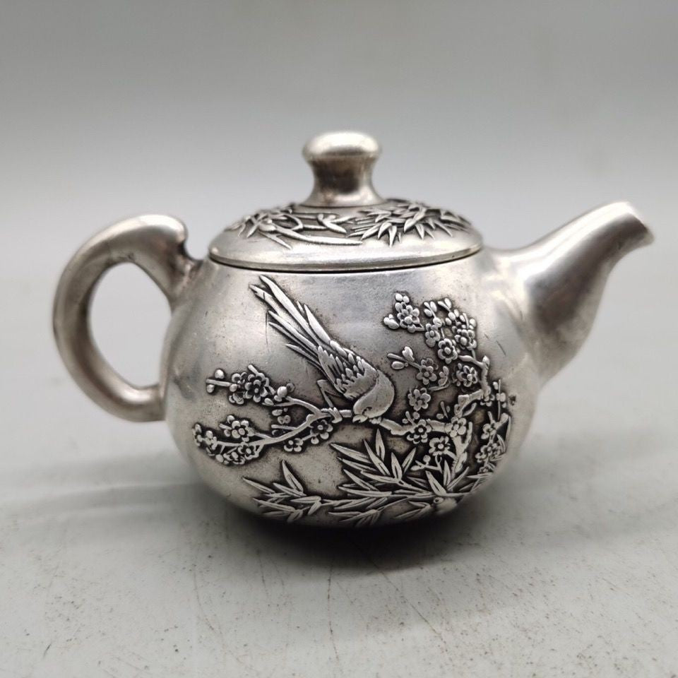 Vintage Silver Plated Copper Teapot Handmade Magpie Motif