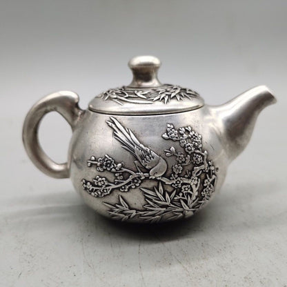 Vintage Silver Plated Copper Teapot Handmade Magpie Motif