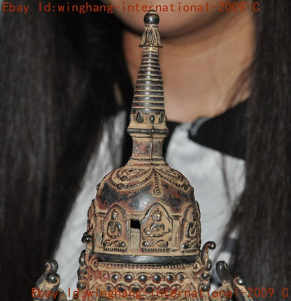 Tibet Buddhism Temple Bronze Gilt Sakyamuni Buddha Stupa Pagoda Tower Statue