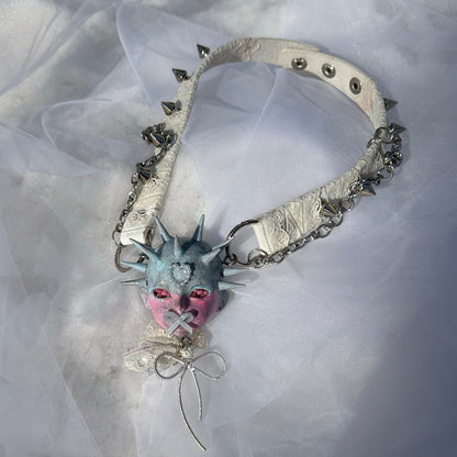 Original Dreamy Bow Spiked Doll Head Lace Choker Bell Chain Necklace