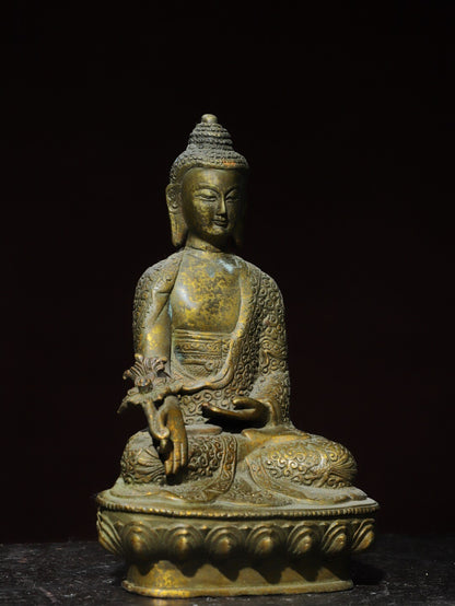 8" Old Antique Tibet Tibetan Buddhism Temple Bronze Gilt Medicine Buddha Statue
