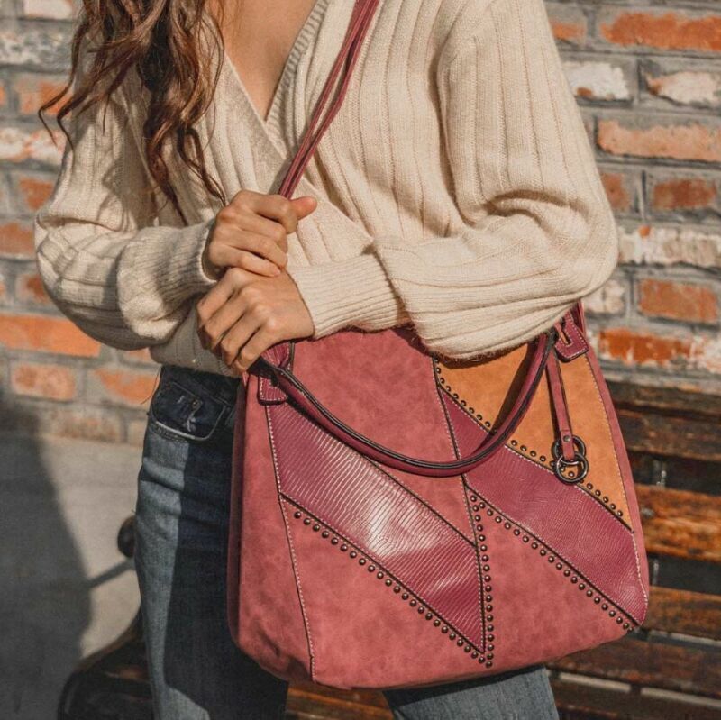 Celela Women Color-block Studs Tote Shoulder Crossbody Bag Handbag Purse GU