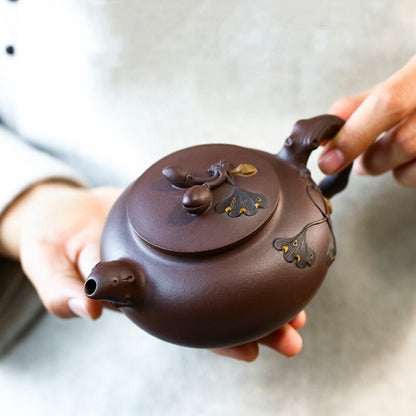 Marked Teapot Full Handmade Pot True Yixing Zisha Purple Clay Ginkgo Leaf Relief