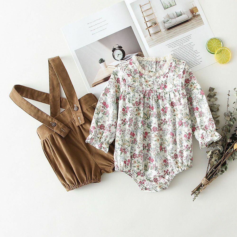 Baby Girls Clothes Set 2Pcs Vintage Cotton Floral Blouse Shirts Rompers Newborn