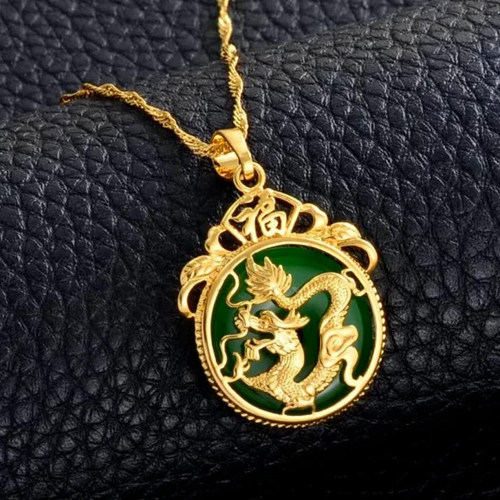 Green Jade Dragon Fengshui Luck Men Women Necklace Decoration