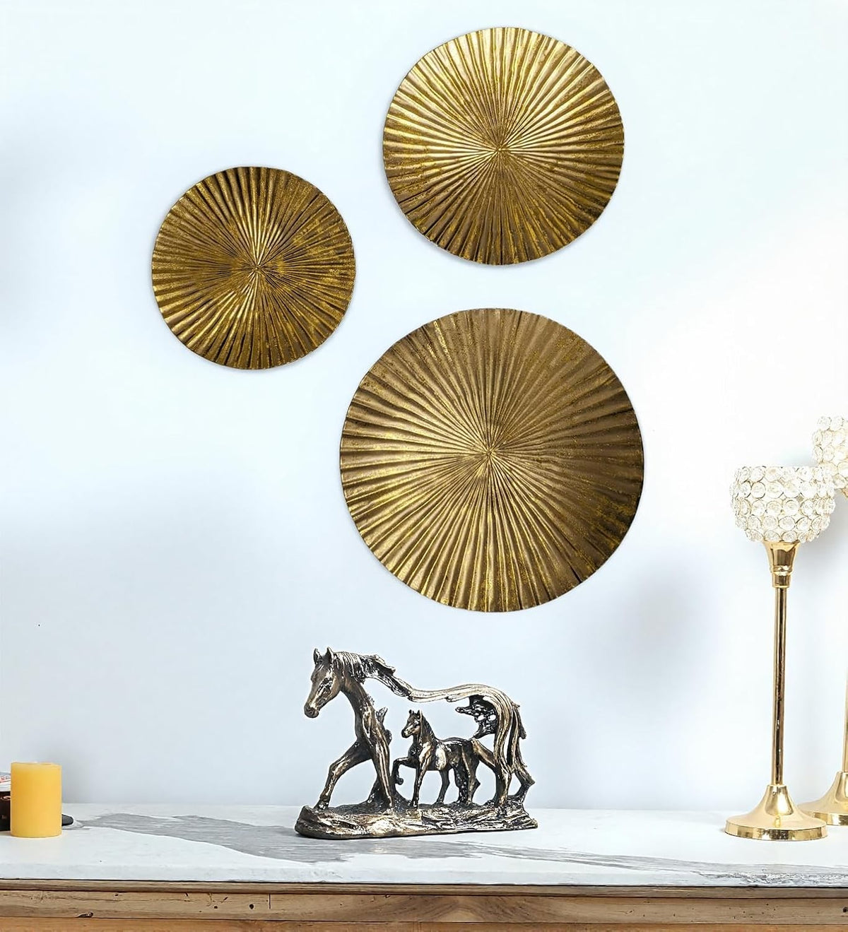 Set of 18", 15", and 12" Hanging Gold Color Ribbed Metal Circles Wall Decoration
