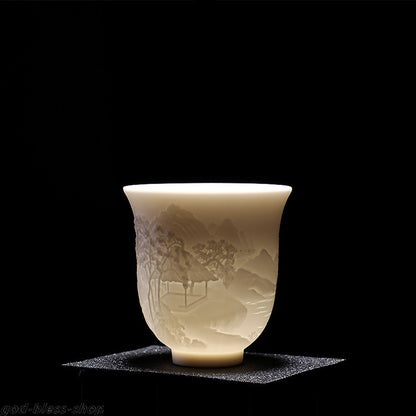 150ml Personal Cup of Tea Jade Porcelain Tea Cup Handmade Carved Flower Relief