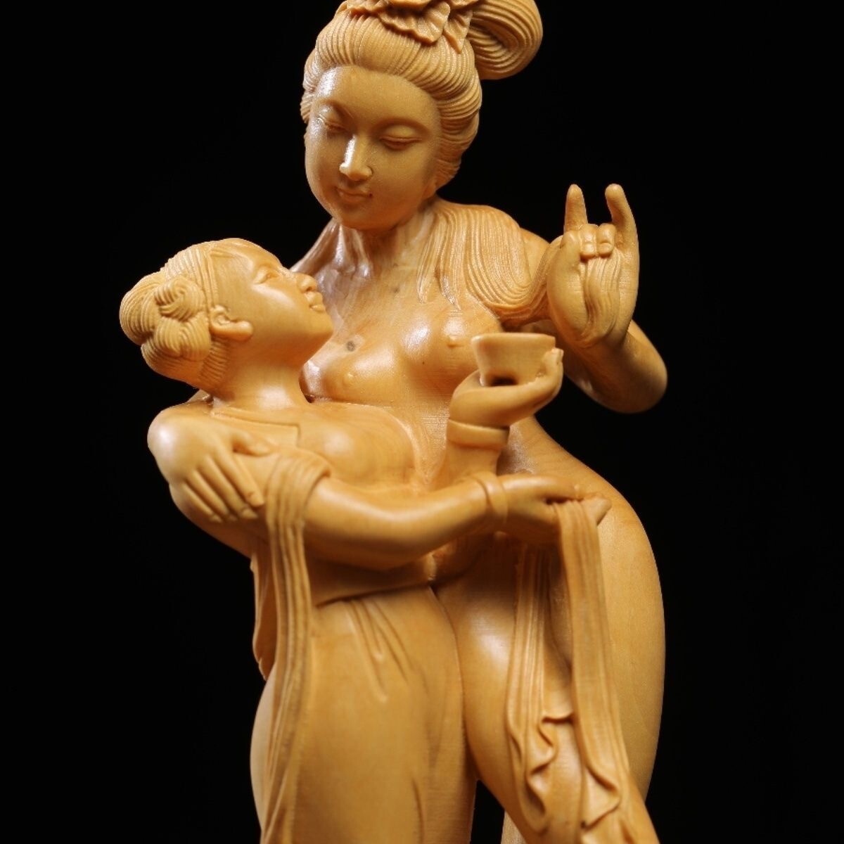 8" Boxwood Carved Lesbian Statue Lover Drinking Figurine Home Decor