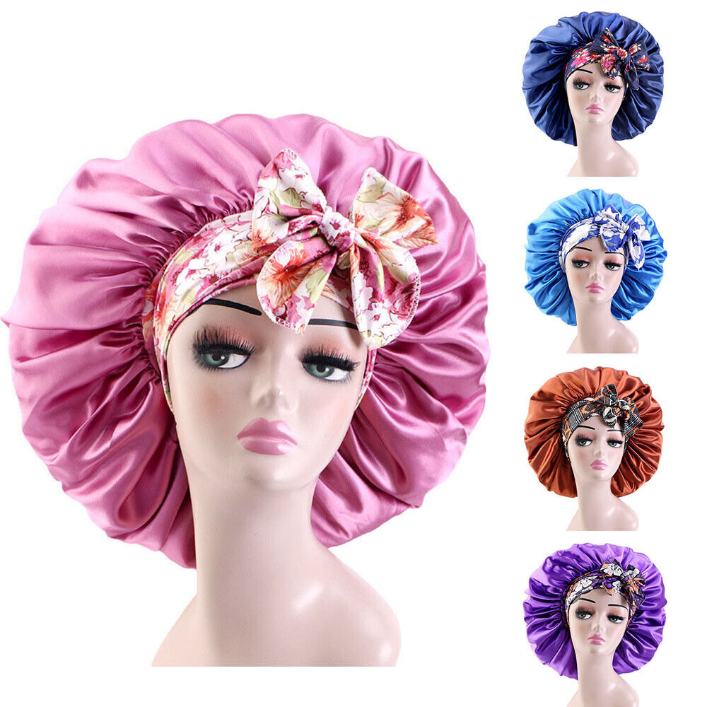 Women Large Double Layer Print Satin Bonnet Adjustable Shower Cap Bonnet Hat