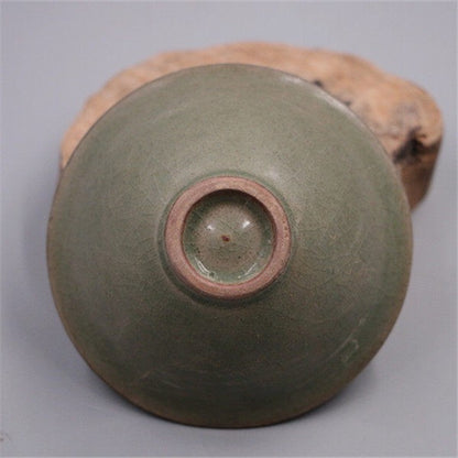 Chinese Song Yaozhou Kiln Celadon Glaze Porcelain Carved Flowers Bowl 4.1 Inch