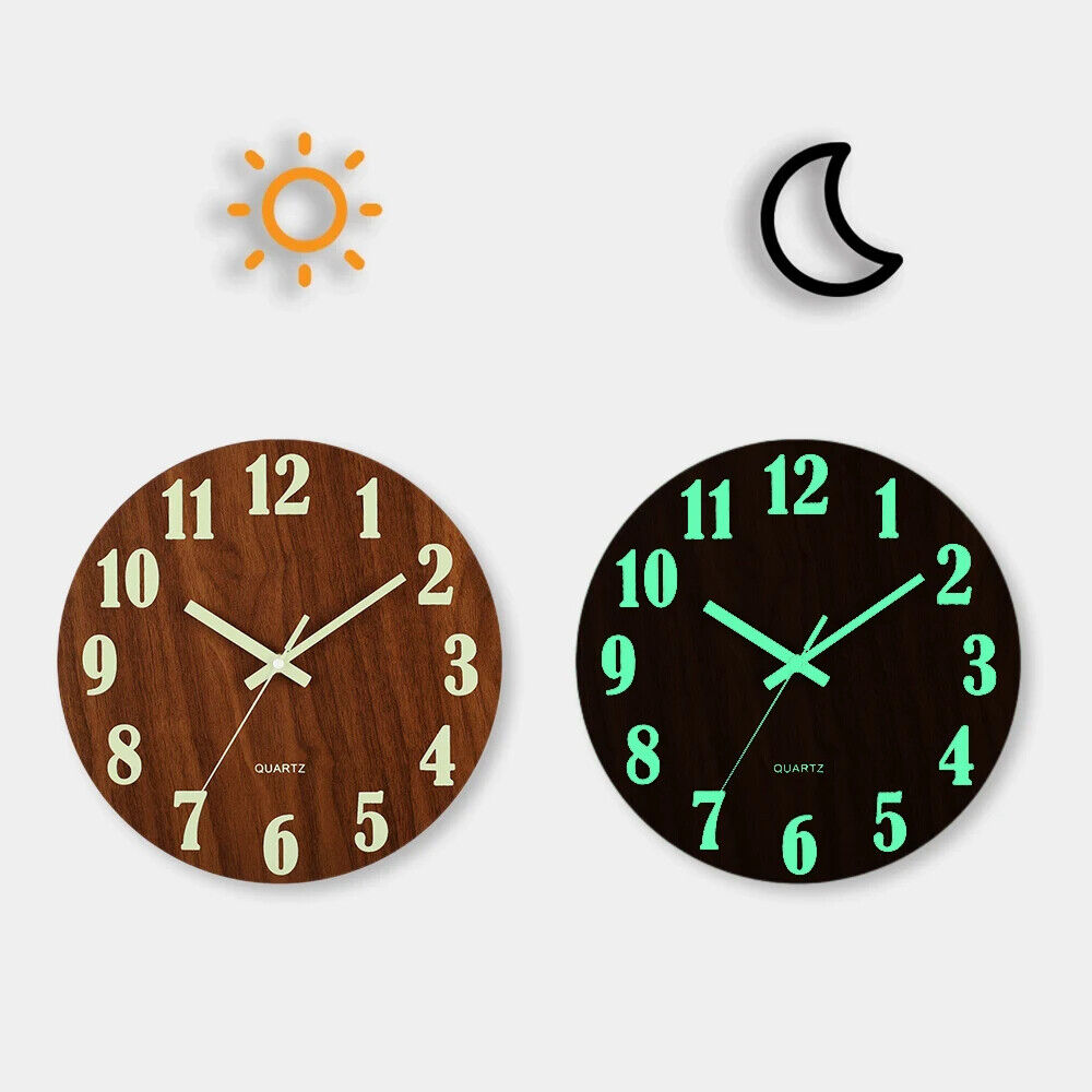 Luminous Walls Clock 12in Wood Non Ticking Light In Dark Night Living Room Decor