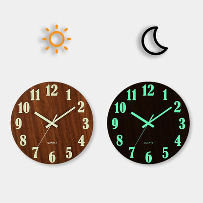 Luminous Walls Clock 12in Wood Non Ticking Light In Dark Night Living Room Decor