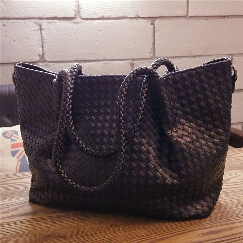 Luxury ladies leather woven tote bag fashion zipper multifunctional shoulder bag