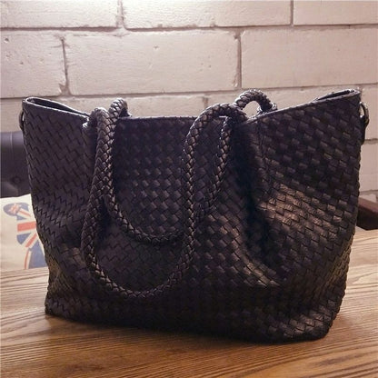 Luxury ladies leather woven tote bag fashion zipper multifunctional shoulder bag