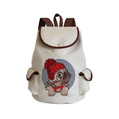 Dog Paw Print Backpack Drawstring Bags Linen Students Portable Cute Pug Printed