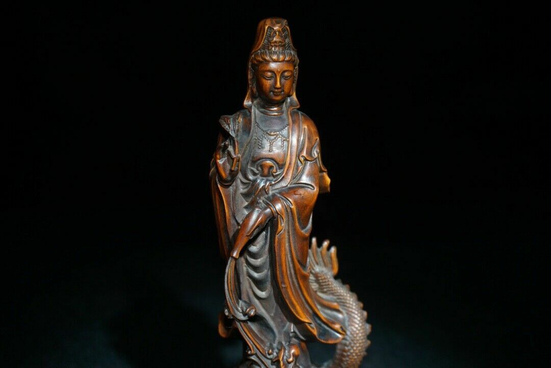 Antique Boxwood Carved Kwan Yin Statue Dragon Thinking Woman Art Wood Sculpture