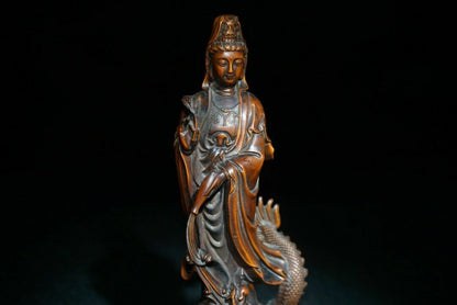Antique Boxwood Carved Kwan Yin Statue Dragon Thinking Woman Art Wood Sculpture
